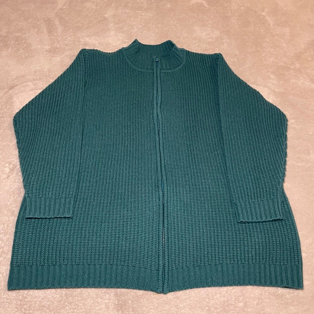 Roamans Sweater Womens 2X Teal Green Shaker Stitch Full Zip Cardigan Waffle Knit